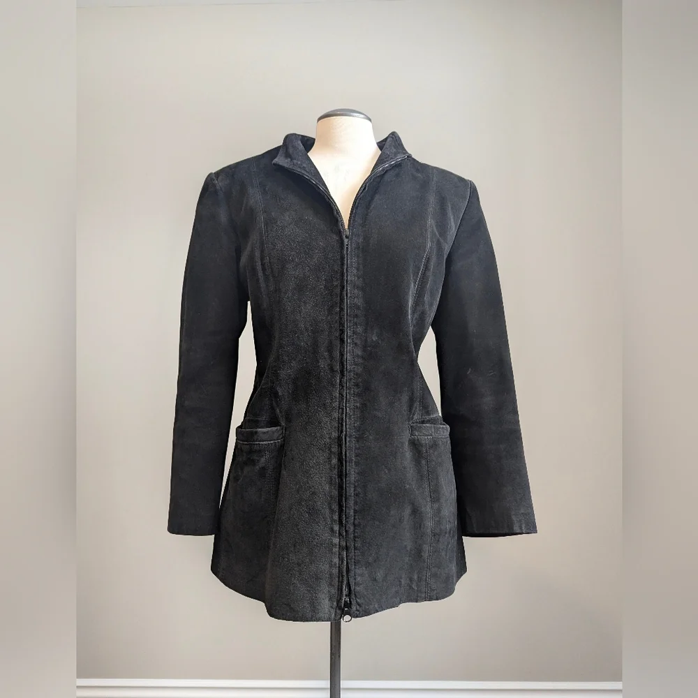Danier Black Genuine Suede Leather Zip Jacket Vintage Large Coat Spring Autumn - Picture 2 of 13